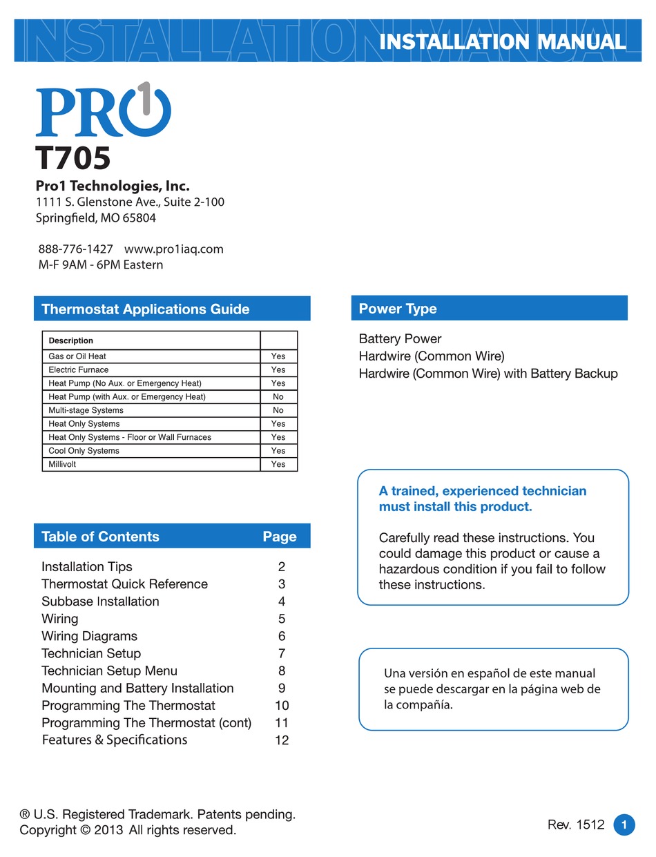 Pro 1 Iaq T705 Installation Manual Pdf Download Manualslib