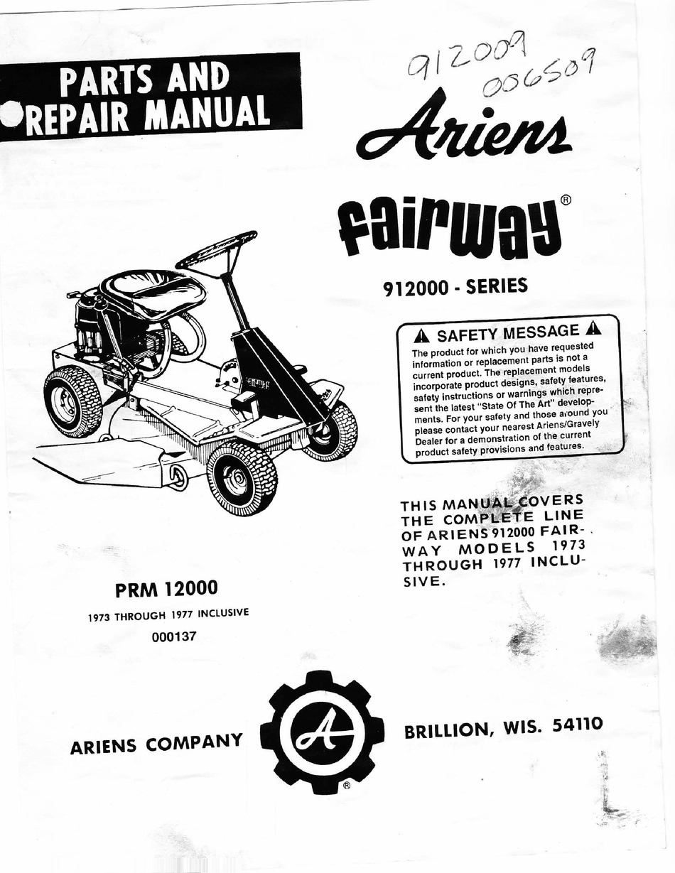 Details about   Ariens Fairway-4 Tractor 12M4 S/N 000001 Parts Manual FPB-65 R