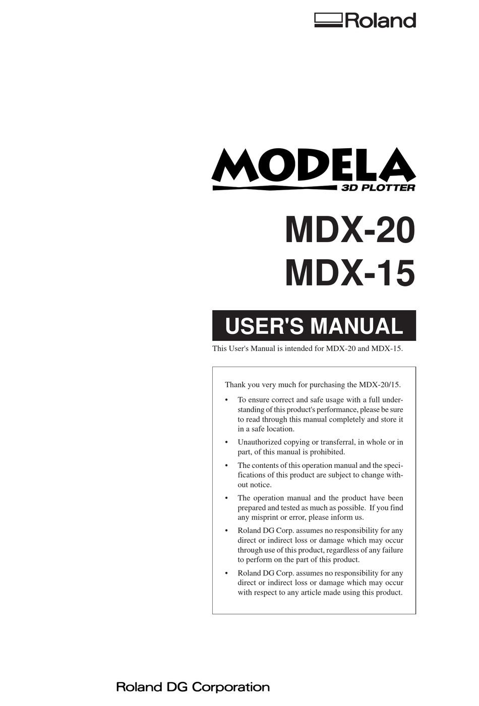 MODELA MDX20 USER MANUAL Pdf Download ManualsLib