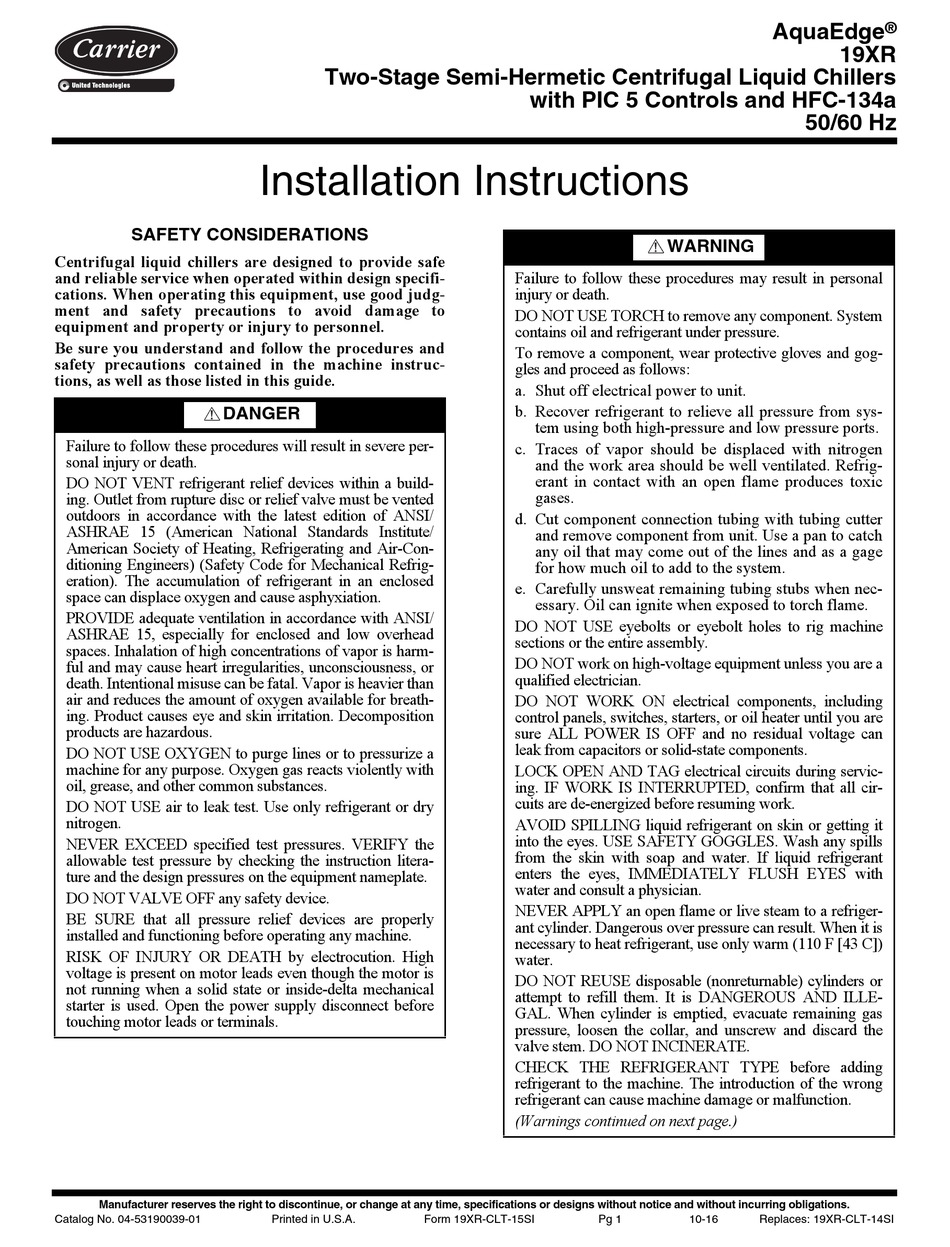 Carrier 19xr Installation Instructions Manual Pdf Download Manualslib