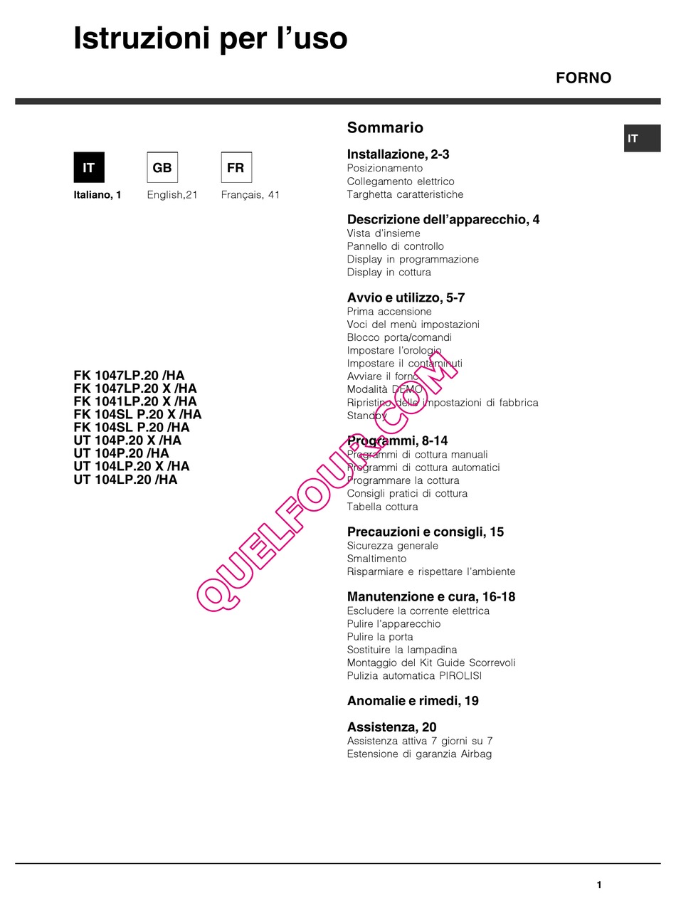 HOTPOINT ARISTON FK 1041LP.20 X /HA OPERATING INSTRUCTIONS MANUAL Pdf  Download | ManualsLib