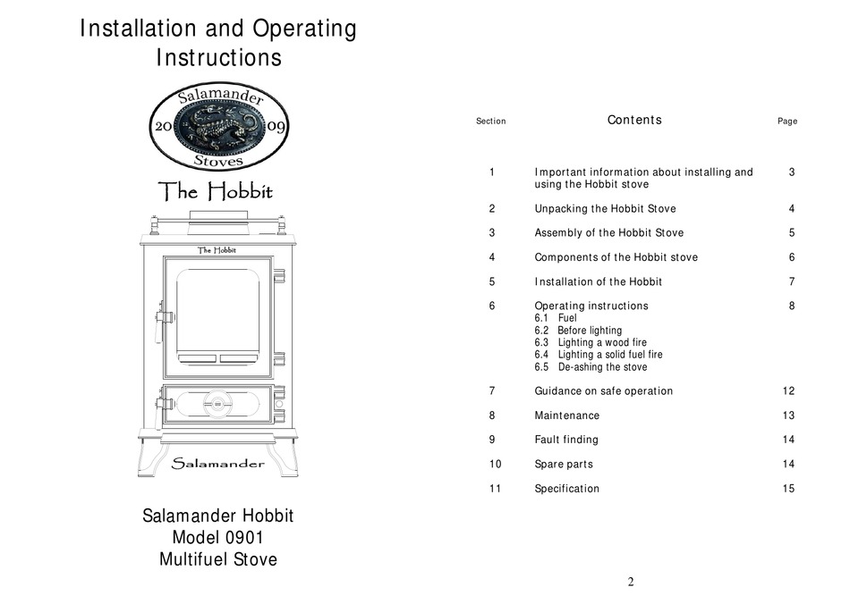 SALAMANDER STOVES HOBBIT 0901 INSTALLATION AND OPERATING INSTRUCTIONS  MANUAL Pdf Download | ManualsLib