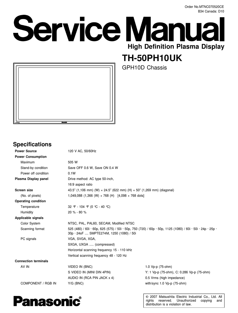 PANASONIC TH-50PH10UK SERVICE MANUAL Pdf Download | ManualsLib