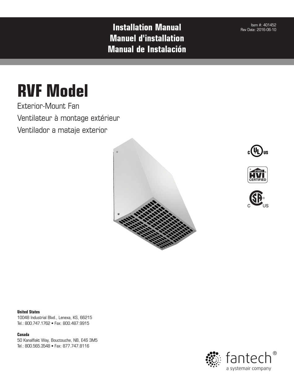 Fan Installation - Fantech RVF 4XL 