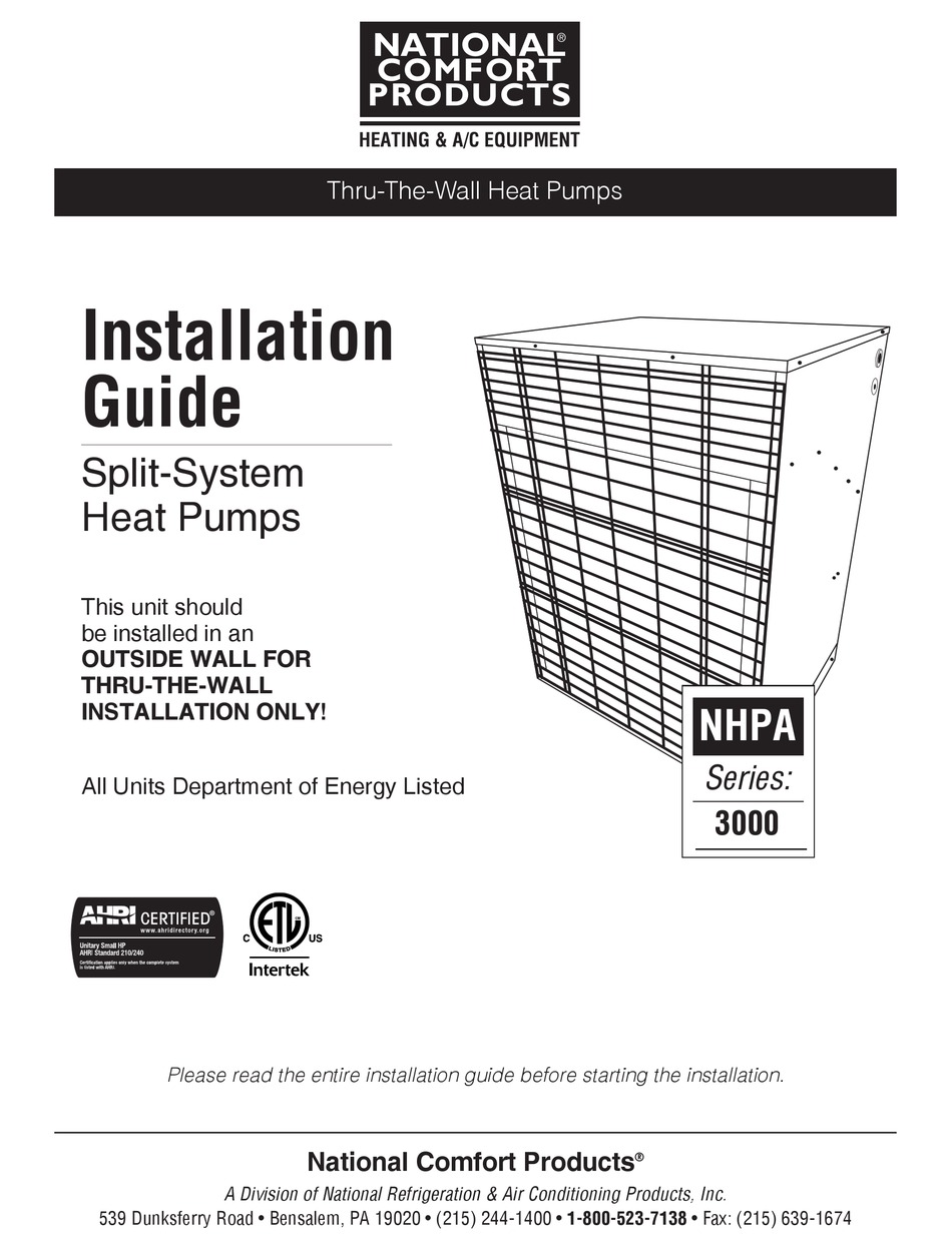 NATIONAL COMFORT PRODUCTS NHPA 3000 SERIES INSTALLATION MANUAL Pdf