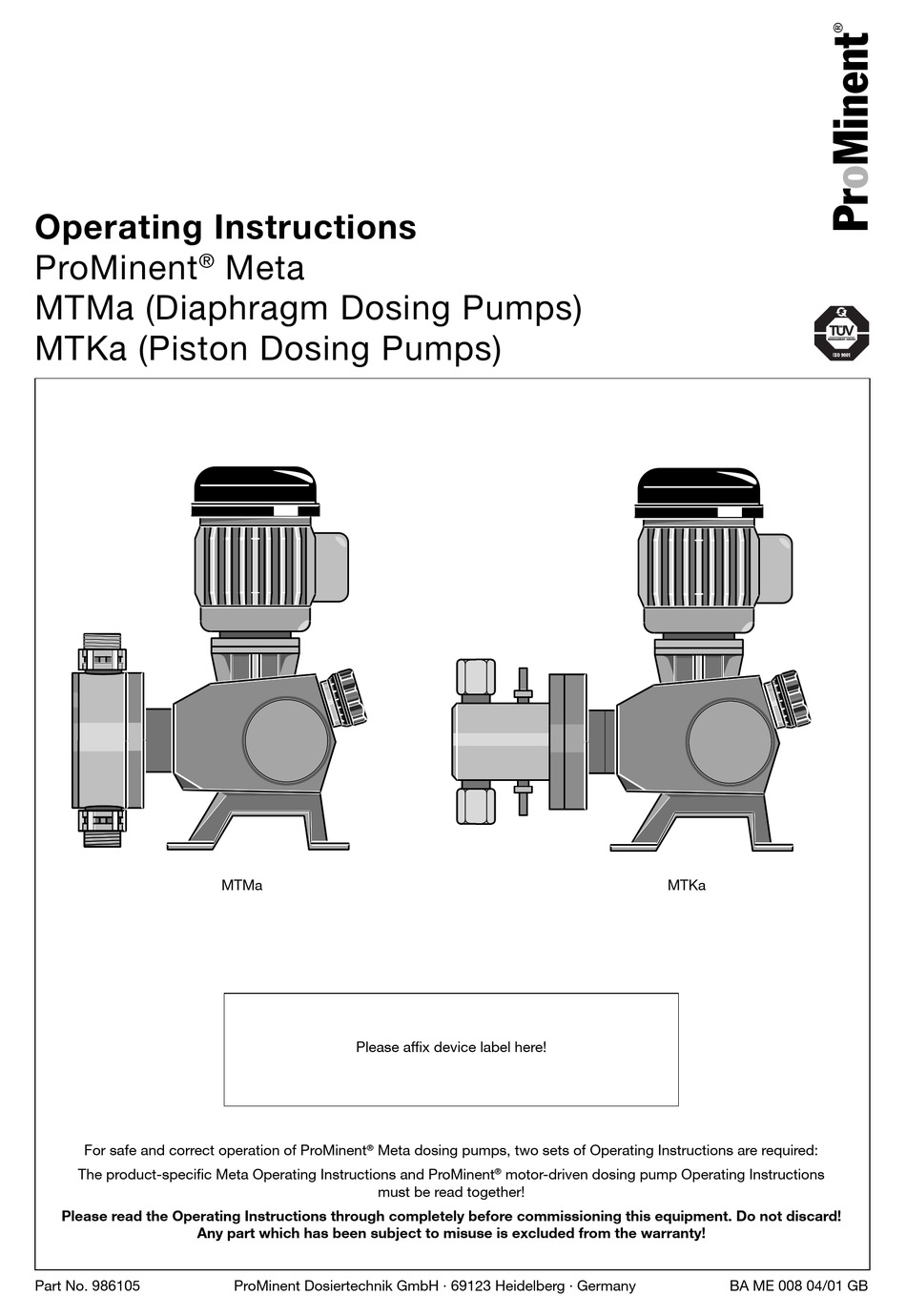 Prominent Meta Mtka Operating Instructions Manual Pdf Download Manualslib