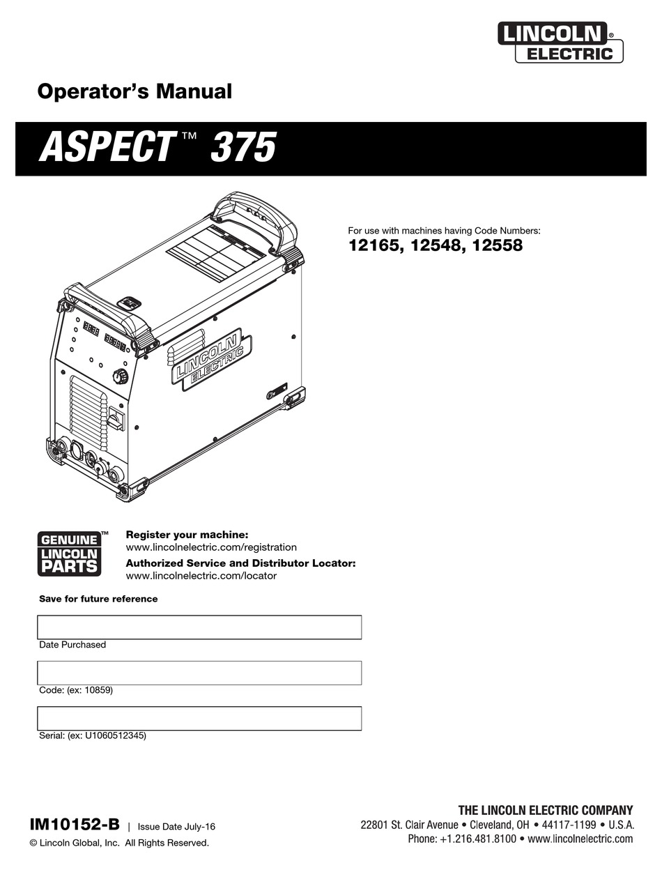 LINCOLN ELECTRIC ASPECT 375 OPERATOR'S MANUAL Pdf Download ManualsLib