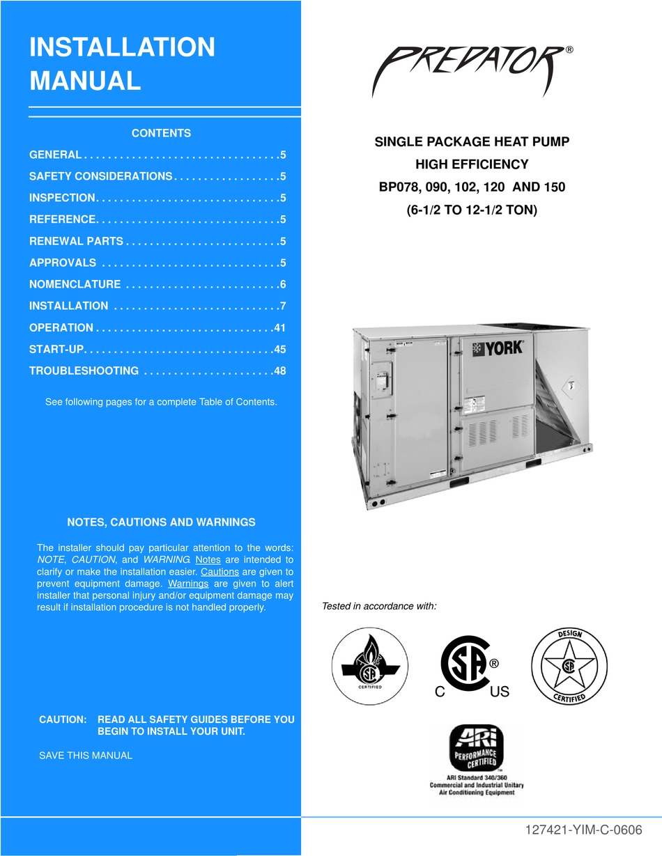 YORK PREDATOR BP078 INSTALLATION MANUAL Pdf Download | ManualsLib