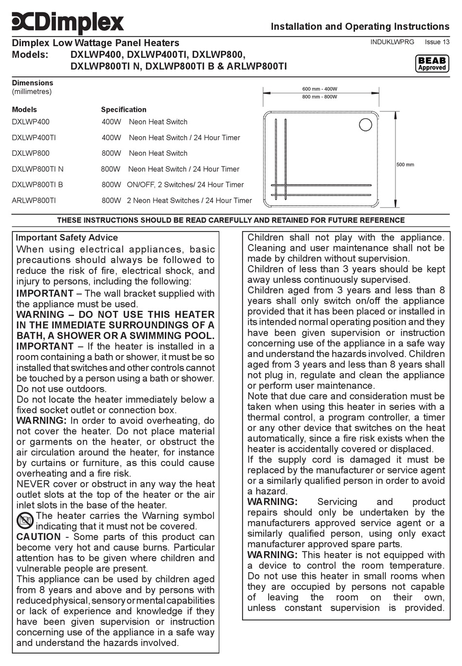 DIMPLEX DXLWP800TI B INSTALLATION AND OPERATING INSTRUCTIONS Pdf Download |  ManualsLib