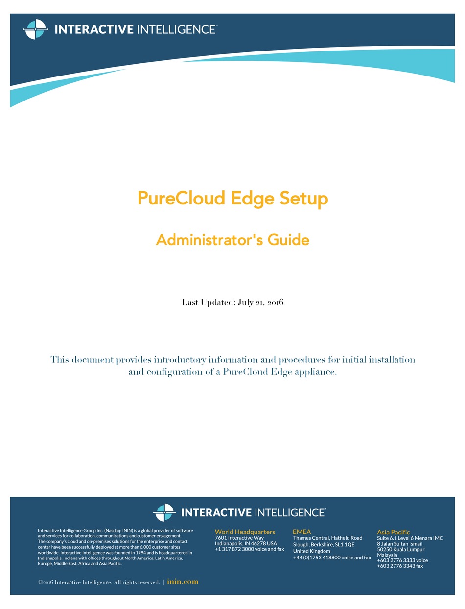 INTERACTIVE INTELLIGENCE PURECLOUD EDGE ADMINISTRATOR'S MANUAL Pdf