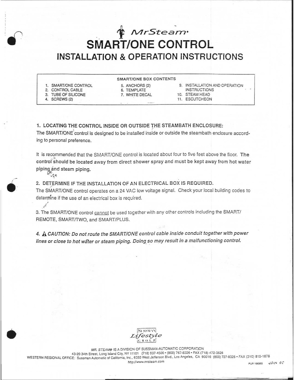 MR. STEAM SMART/ONE INSTALLATION & OPERATION INSTRUCTIONS Pdf Download