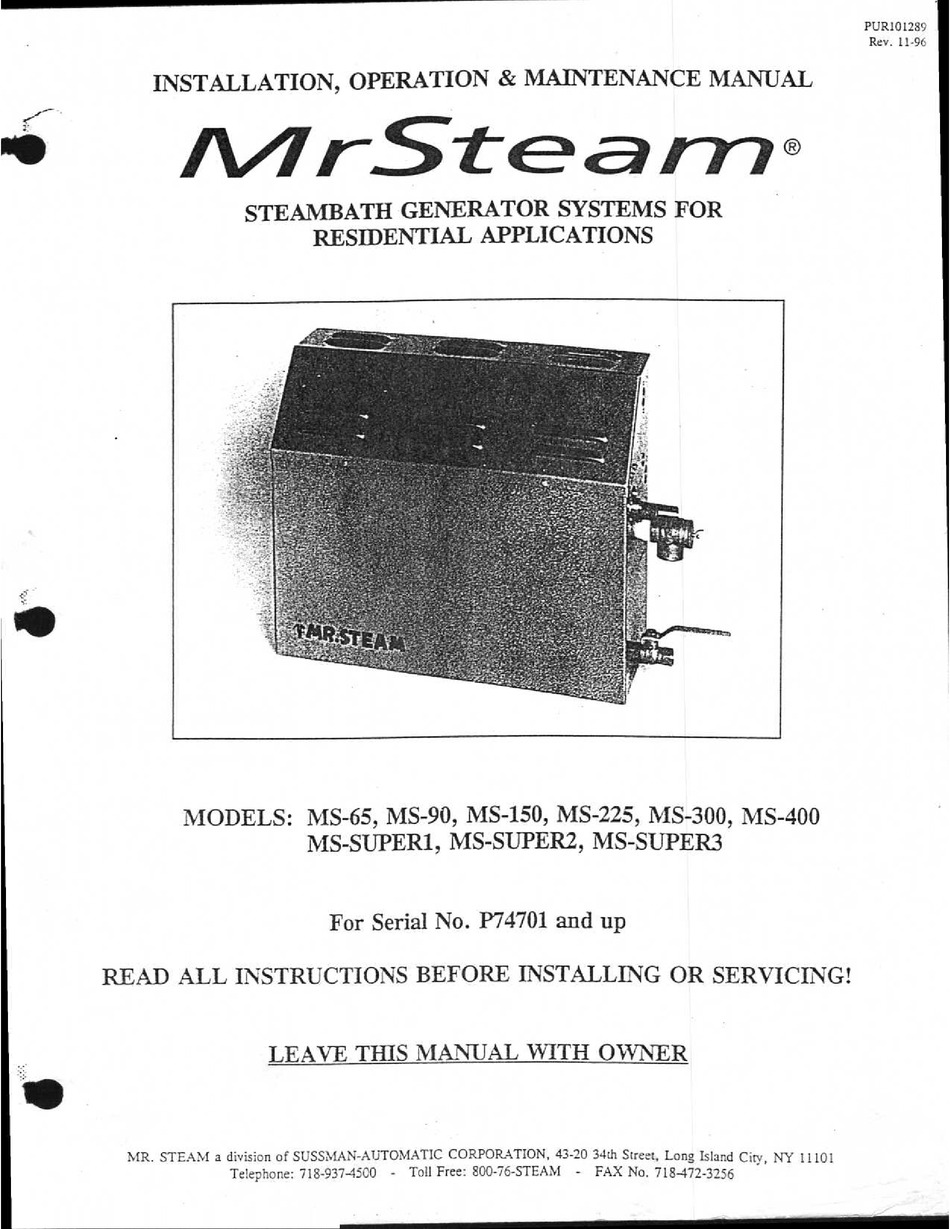 MR. STEAM MS90 INSTALLATION, OPERATION & MAINTENANCE MANUAL Pdf