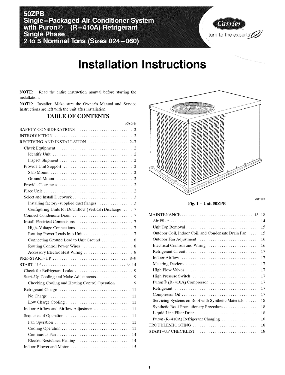 Carrier 50zpb Installation Instructions Manual Pdf Download Manualslib