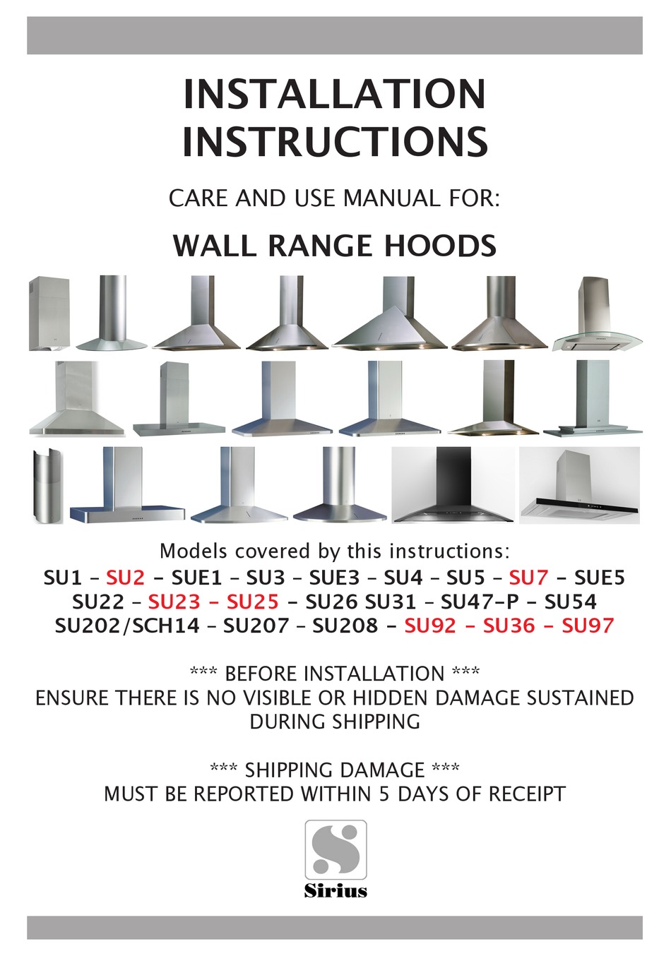 SIRIUS RANGE HOODS SU1 INSTALLATION INSTRUCTIONS MANUAL Pdf Download