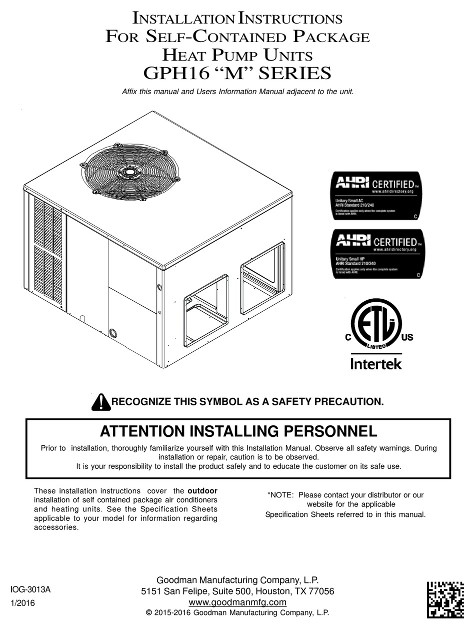 Goodman Gph1624m41 Installation Instructions Manual Pdf Download Manualslib