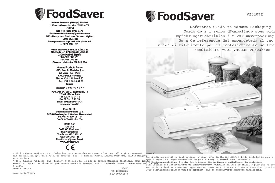FOODSAVER V2040 SERIES REFERENCE MANUAL Pdf Download | ManualsLib