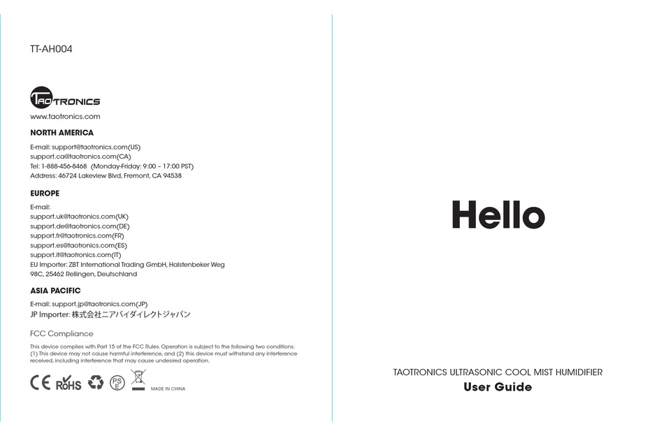 taotronics ultrasonic humidifier manual