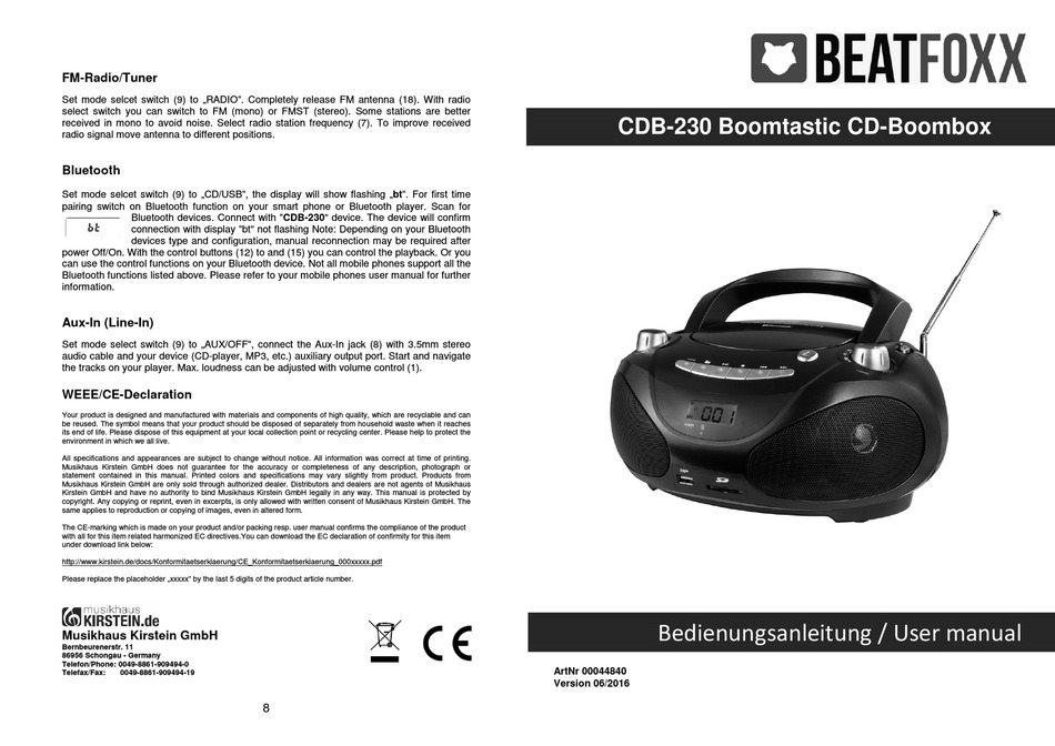BEATFOXX CDB-230 BOOMTASTIC CD USB MP3 SPIELER UKW RADIO RADIO BLUETOOTH BOOMBOX 