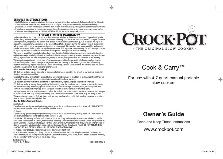 CROCKPOT COOK & CARRY OWNER'S MANUAL Pdf Download ManualsLib
