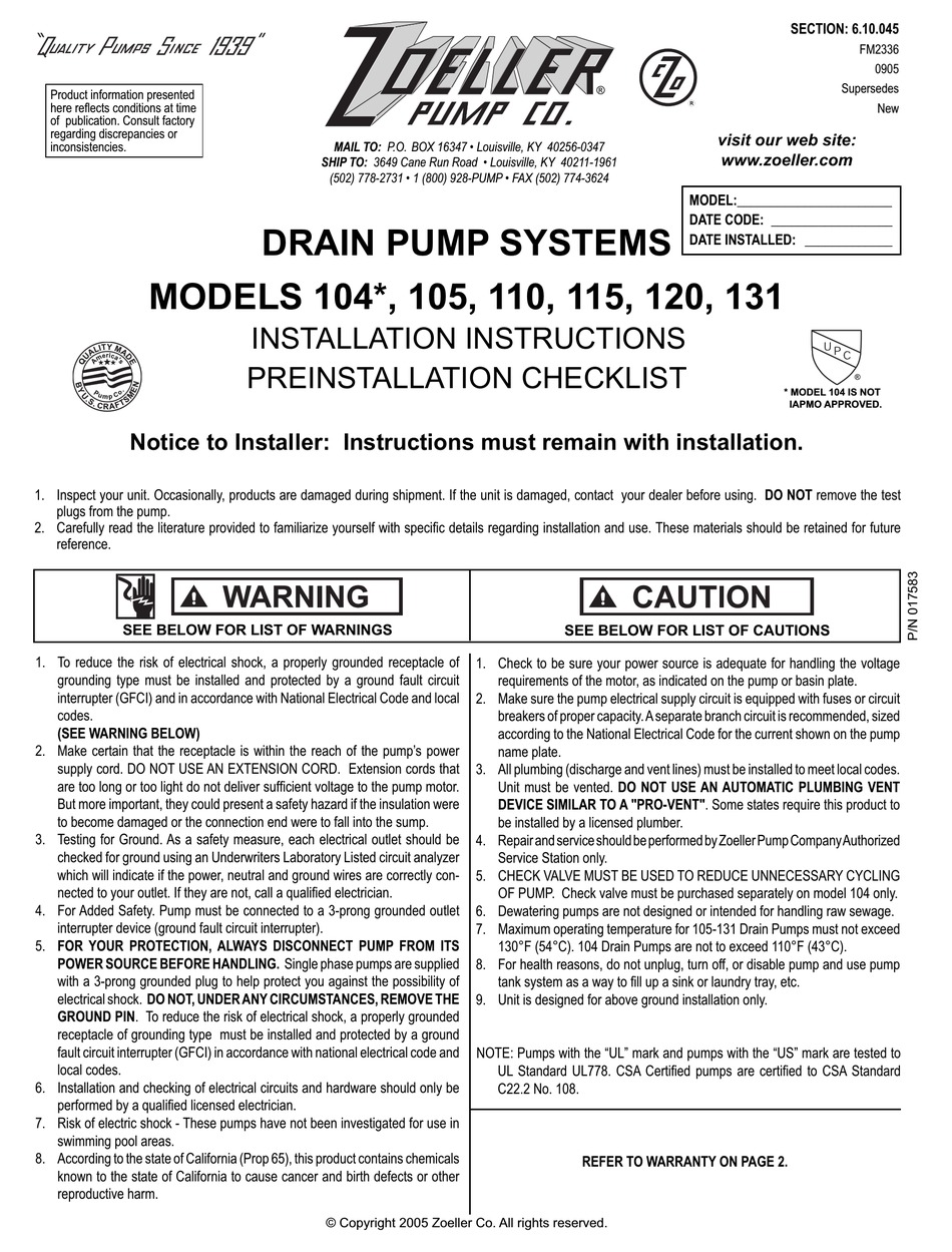 ZOELLER 104 INSTALLATION INSTRUCTIONS MANUAL Pdf Download | ManualsLib