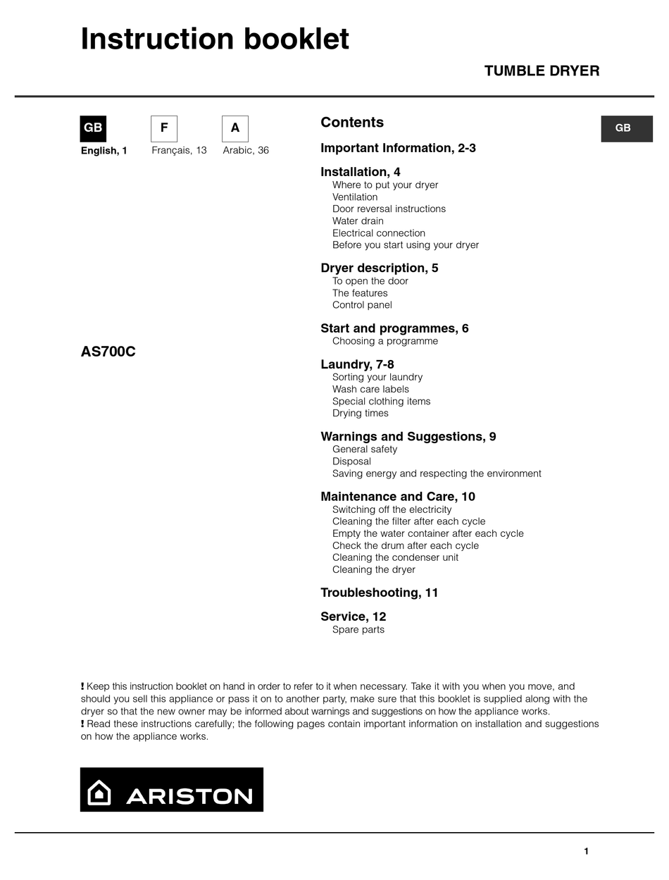 Troubleshooting - Ariston AS700C Instruction Booklet [Page 11] | ManualsLib
