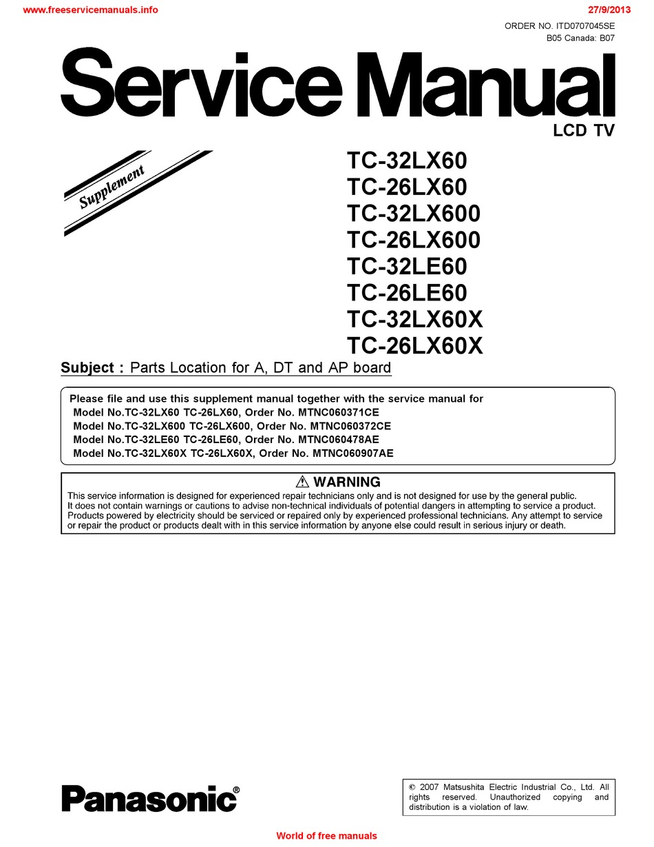 PANASONIC TC32LX60 SERVICE MANUAL SUPPLEMENT Pdf Download ManuaLib