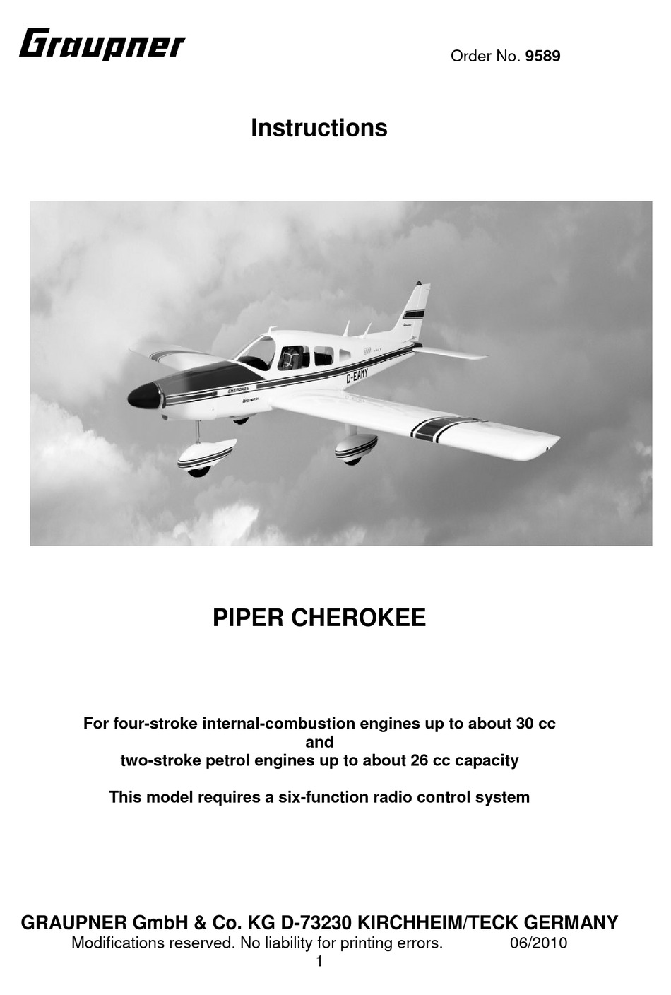 GRAUPNER PIPER CHEROKEE 9589 INSTRUCTION MANUAL Pdf Download | ManualsLib