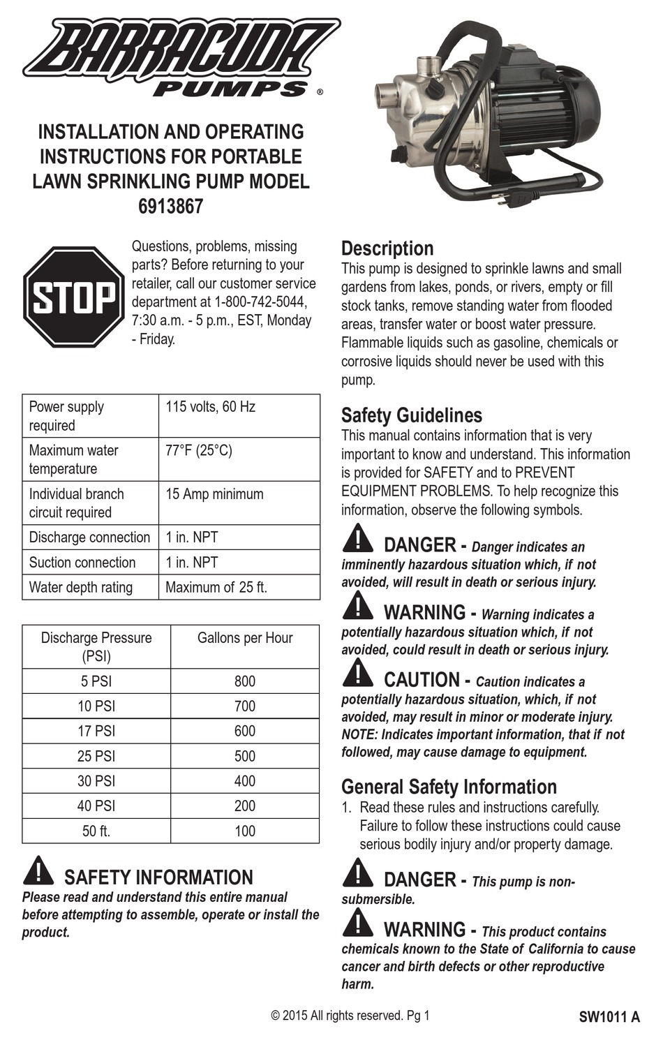 BARRACUDA PUMPS 6913867 INSTALLATION AND OPERATING INSTRUCTIONS Pdf ...