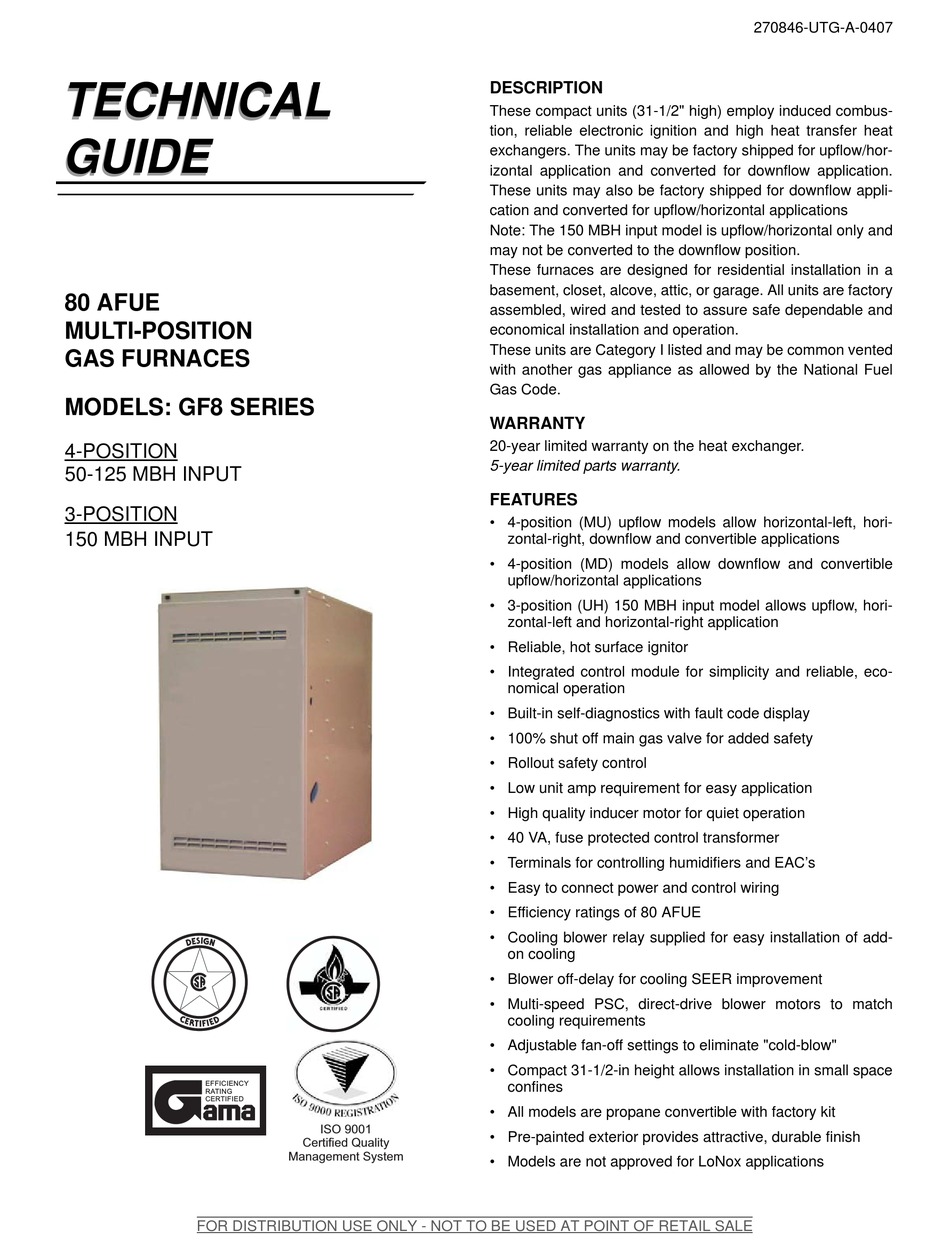 UNITARY PRODUCTS GROUP GF8 SERIES TECHNICAL MANUAL Pdf Download