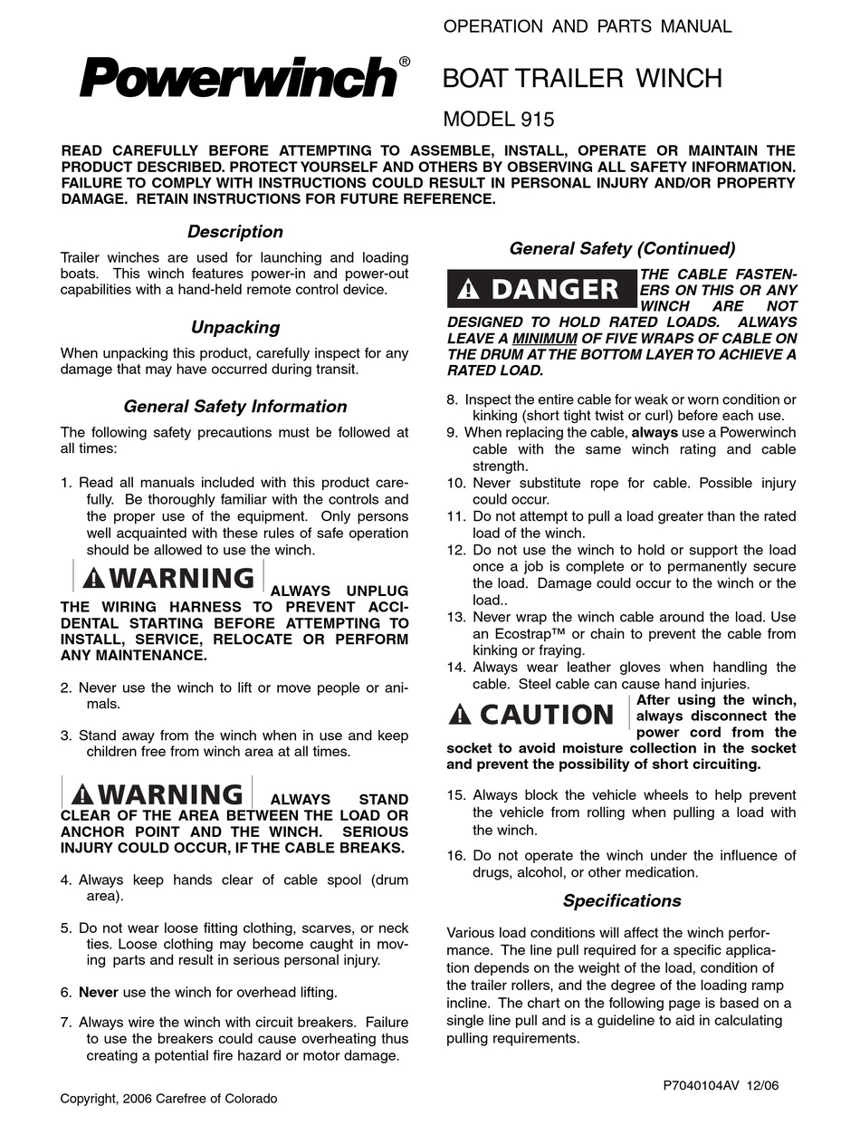 POWERWINCH 915 OPERATION AND PARTS MANUAL Pdf Download ManualsLib