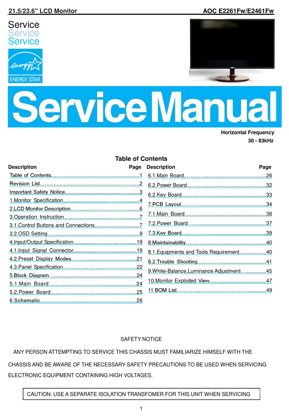 AOC E2261FW SERVICE MANUAL Pdf Download 
