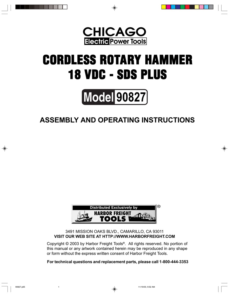 CHICAGO ELECTRIC 90827 ASSEMBLY AND OPERATING INSTRUCTIONS MANUAL Pdf