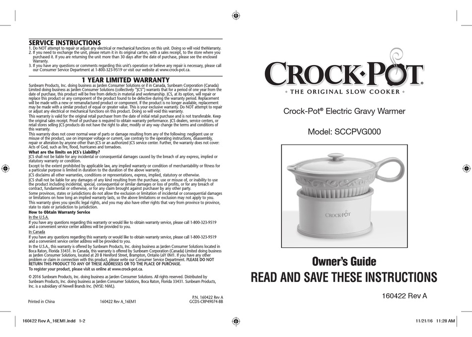 CROCK-POT SCCPVG000 OWNER'S MANUAL Pdf Download | ManualsLib