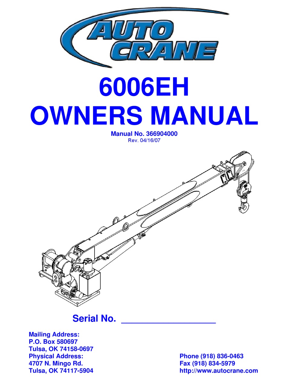 AUTO CRANE 6006EH OWNER'S MANUAL Pdf Download ManualsLib