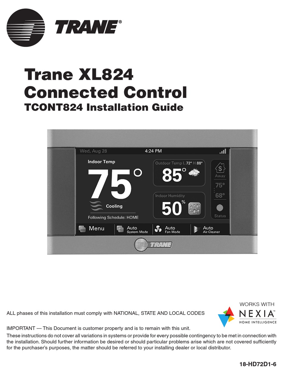 Trane Tcont824 Installation Manual Pdf, American Standard 824 Thermostat Wiring Diagram