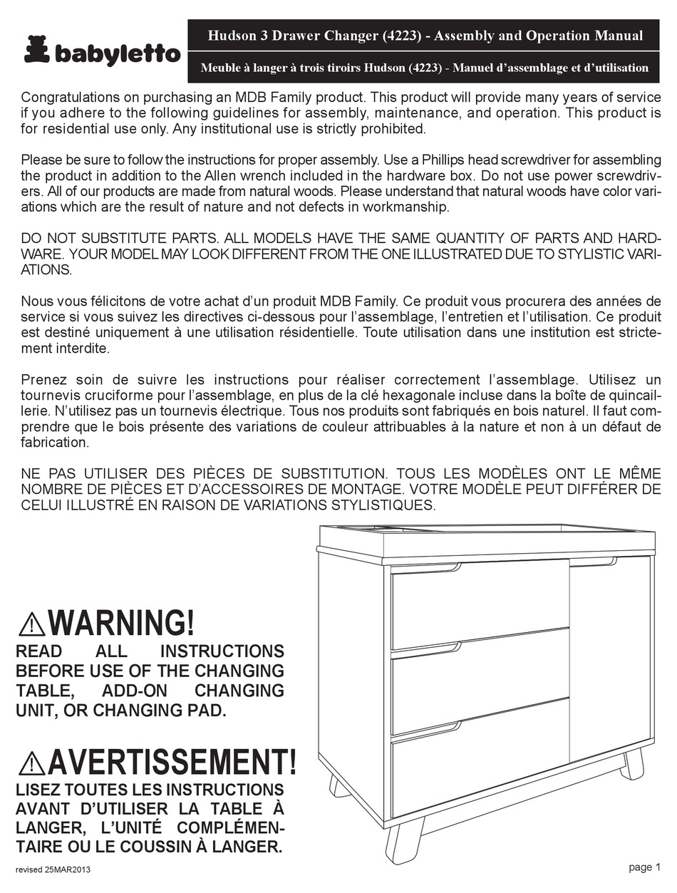 BABYLETTO HUDSON 3 DRAWER CHANGER ASSEMBLY AND OPERATION MANUAL Pdf