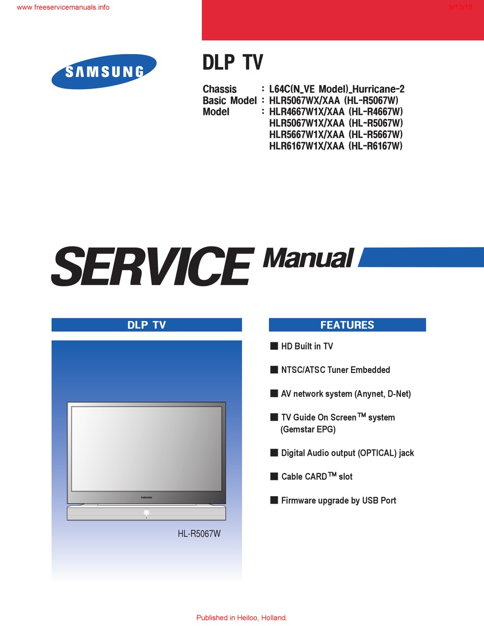 Service manual. Телевизор Samsung SP-67l6hvr 67