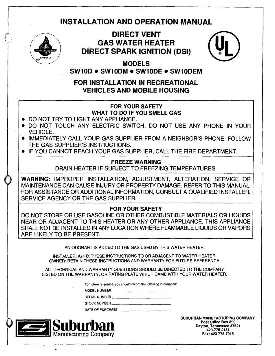 SUBURBAN SW10D INSTALLATION AND OPERATION MANUAL Pdf Download | ManualsLib