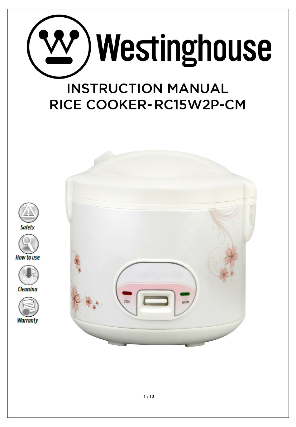 white westinghouse rice cooker manual