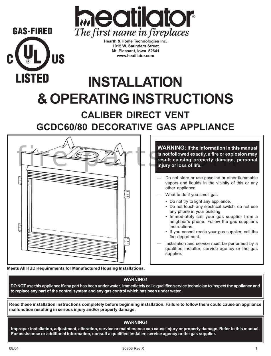 HEATILATOR GCDC60 INSTALLATION & OPERATING INSTRUCTIONS MANUAL Pdf