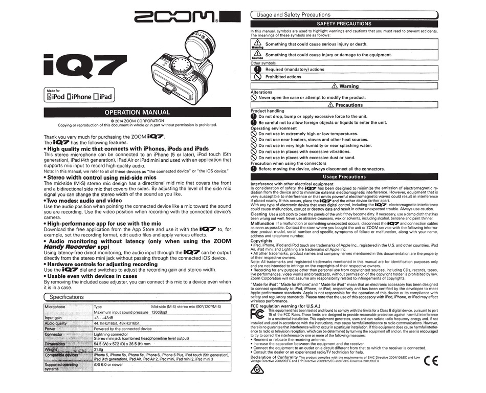 Zoom Iq7 Operation Manual Pdf Download Manualslib