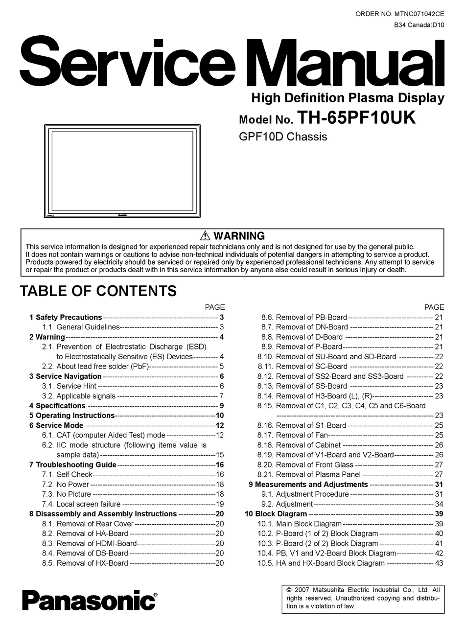 PANASONIC TH-65PF10UK SERVICE MANUAL Pdf Download | ManualsLib