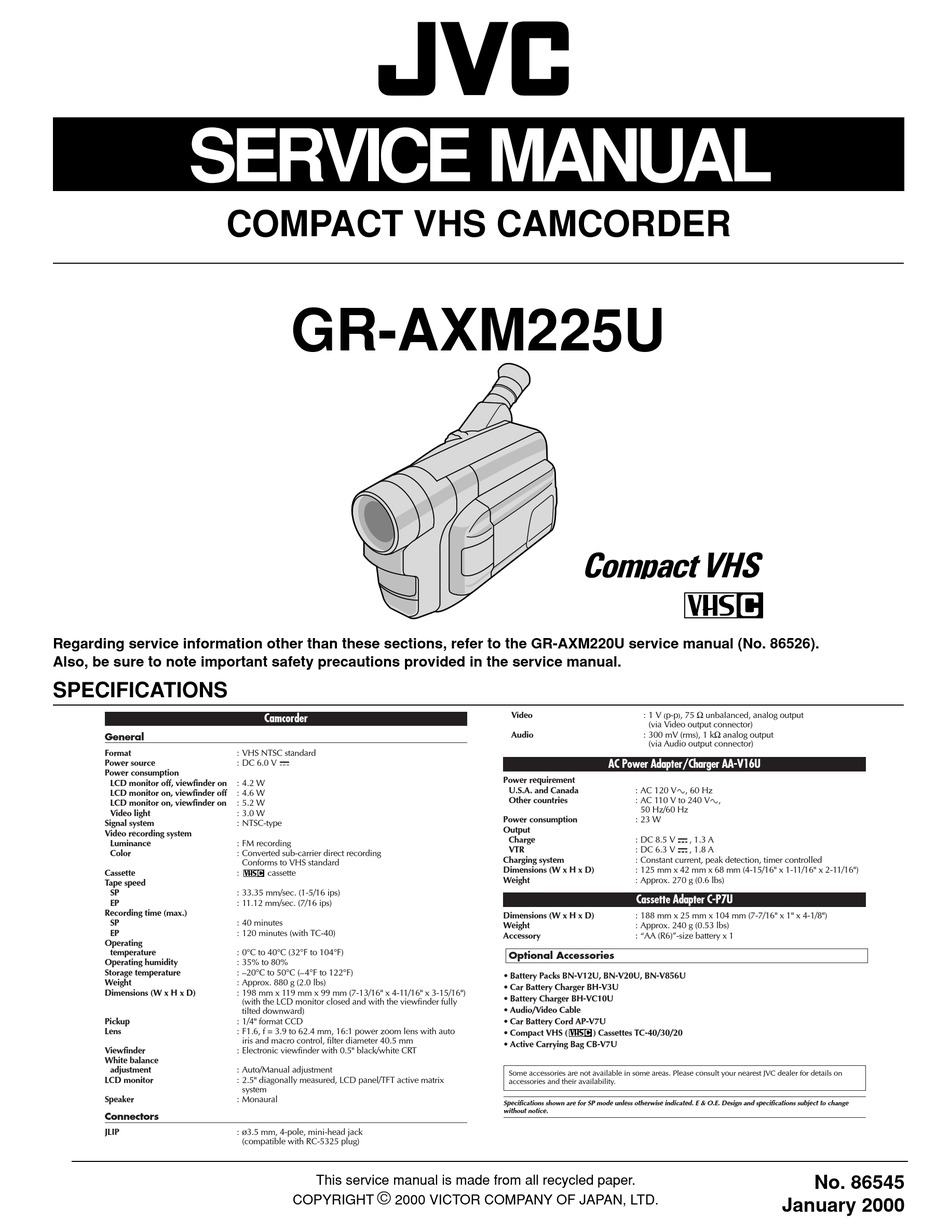 Jvc Gr Axm225u Service Manual Pdf Download Manualslib
