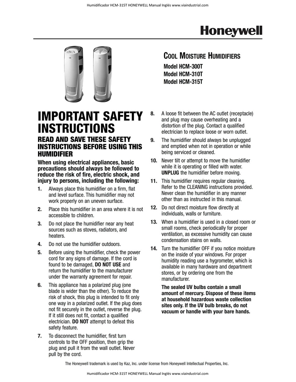 HONEYWELL HCM-300T IMPORTANT SAFETY INSTRUCTIONS MANUAL Pdf Download
