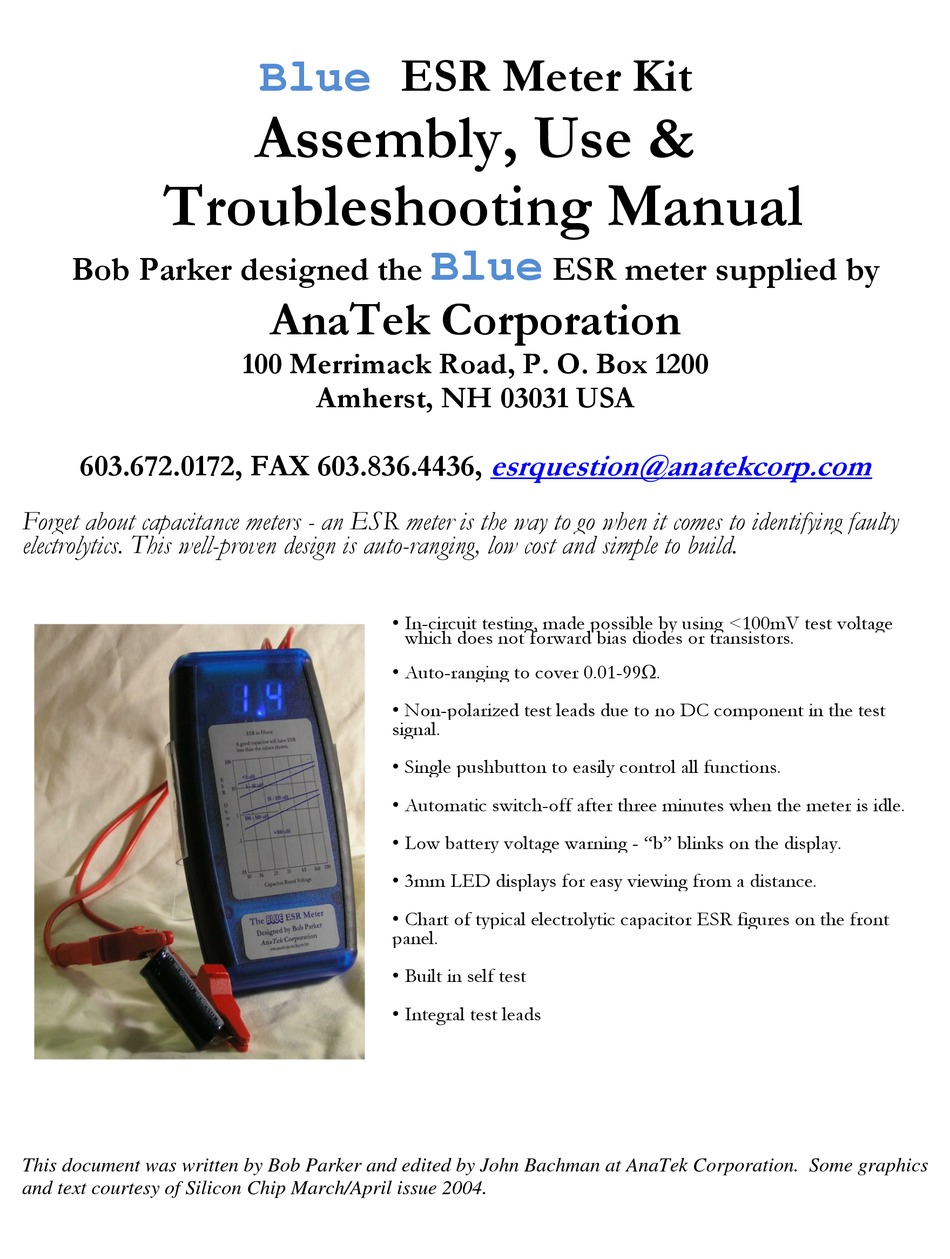 Anatek Blue Esr User Manual Pdf Download Manualslib