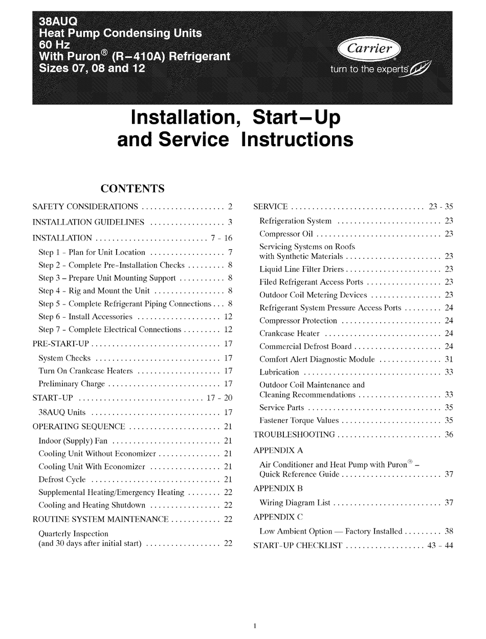 CARRIER 38AUQ INSTALLATION, START-UP AND SERVICE INSTRUCTIONS MANUAL