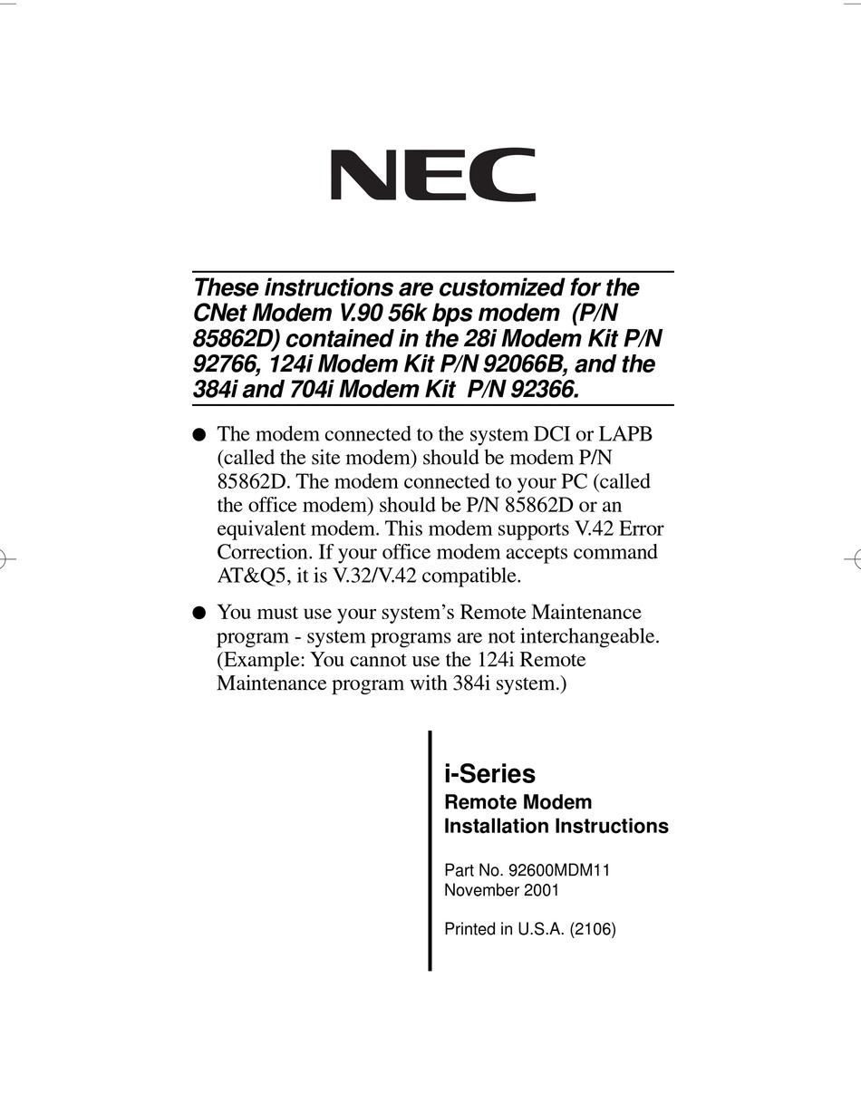 NEC 28I INSTALLATION INSTRUCTIONS MANUAL Pdf Download | ManuaLib