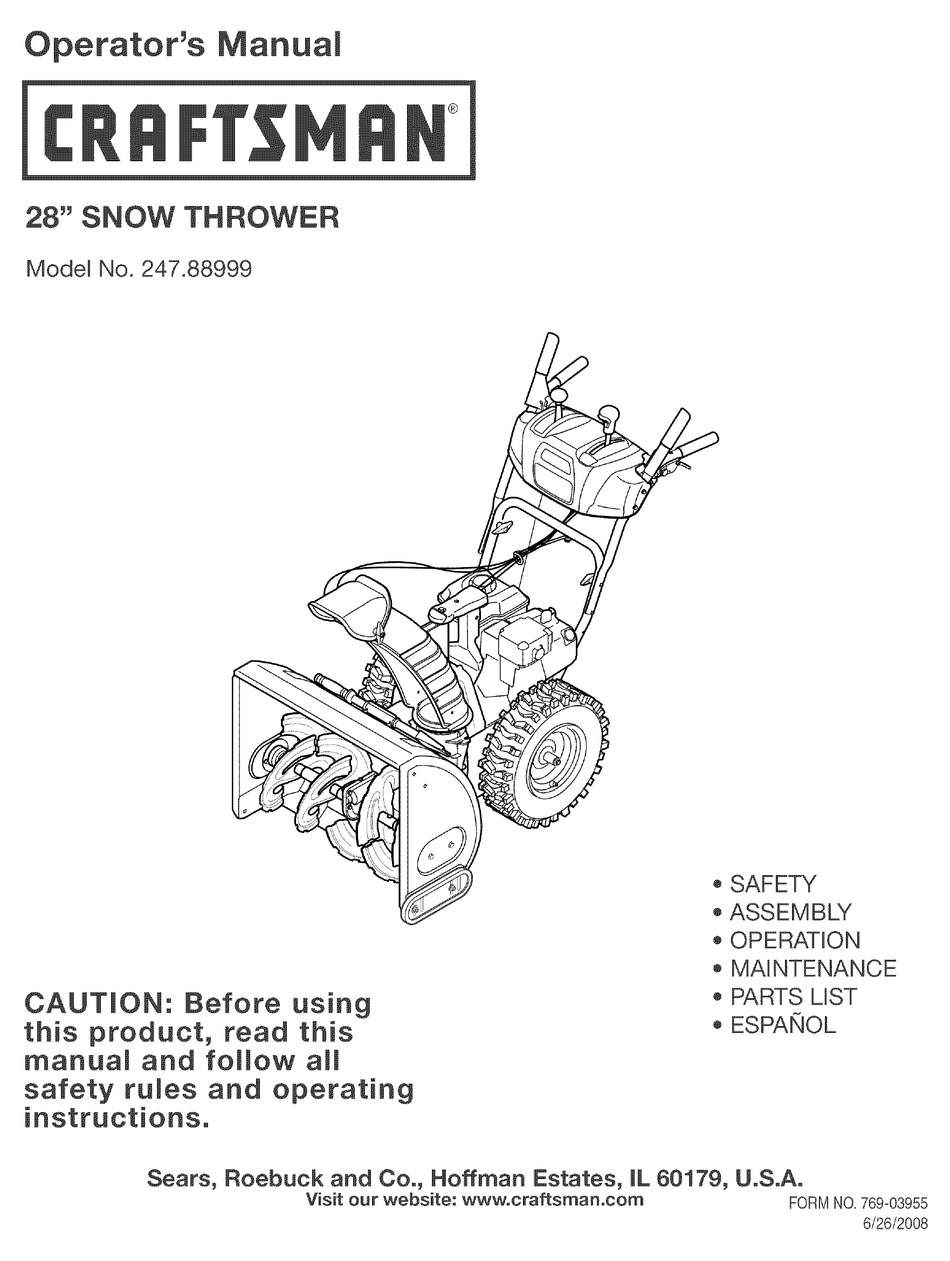 Craftsman 24 Inch Snow Thrower Owners Operator Maintenance Manual 247.889571 
