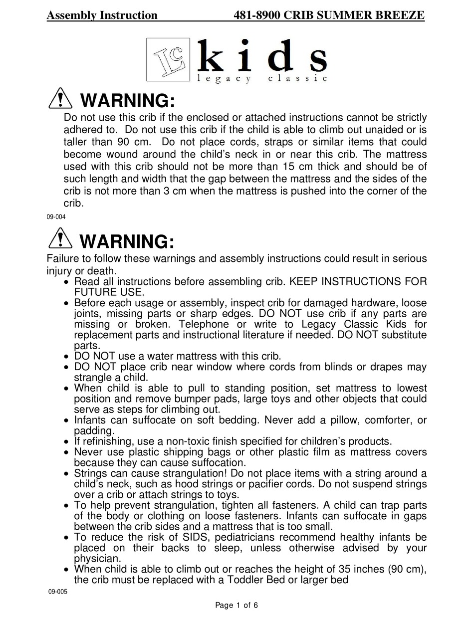 Legacy Classic Kids 481 8900 Crib Summer Breeze Assembly Instruction Manual Pdf Download Manualslib