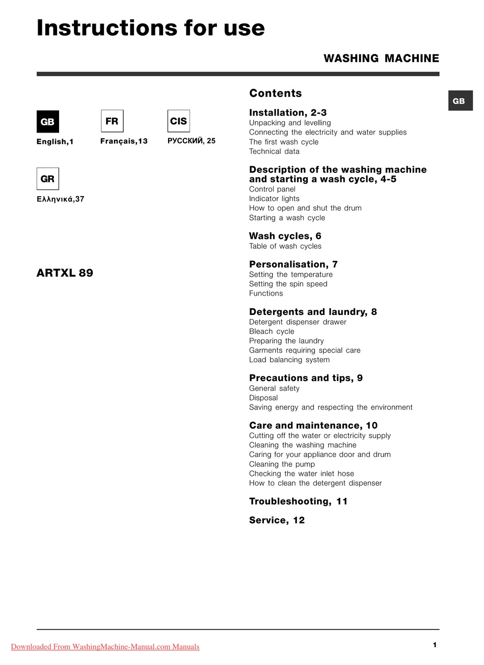 HOTPOINT ARISTON ARTXL 89 INSTRUCTIONS FOR USE MANUAL Pdf Download |  ManualsLib